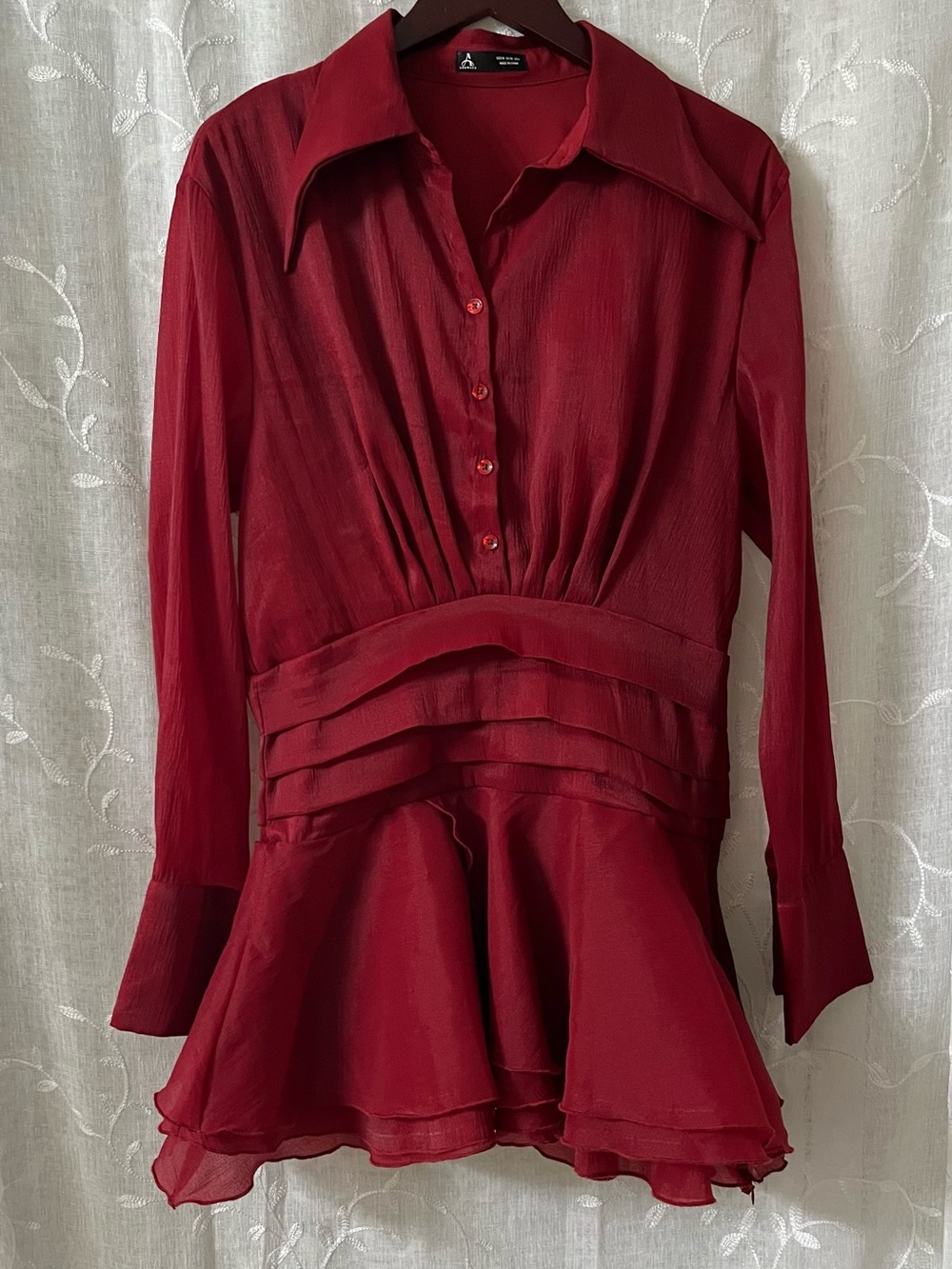 Anewsta  Women's Red Tiered Waist Mini Dress with Pointed Collar Size Medium